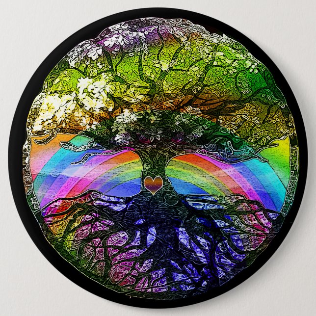 Baum des Lebens mit Regenbogen-Herzen Button (Vorderseite)