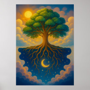 Baum des Lebens mit Sonne und Mond Fantasy Artwork Poster