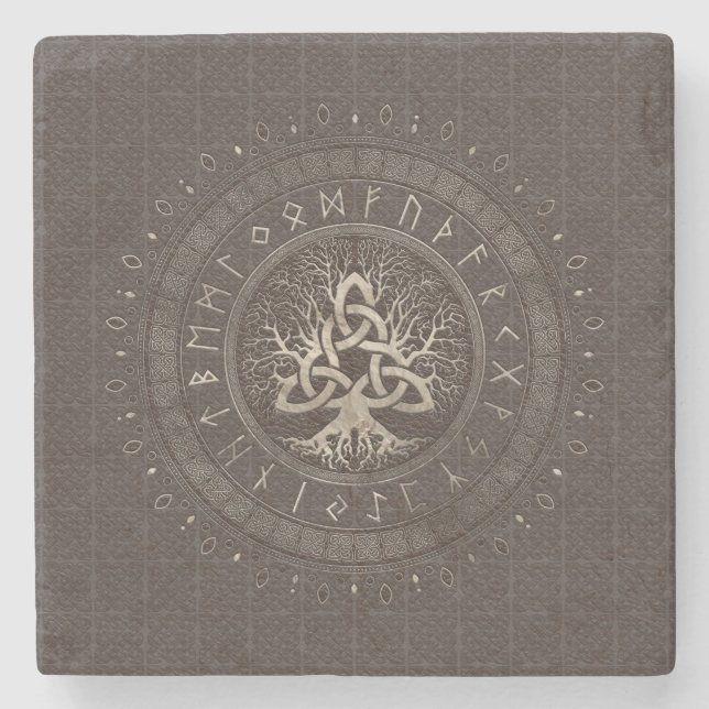 Baum des Lebens mit Triquetra Brown Leder und Gold Steinuntersetzer (Vorderseite)