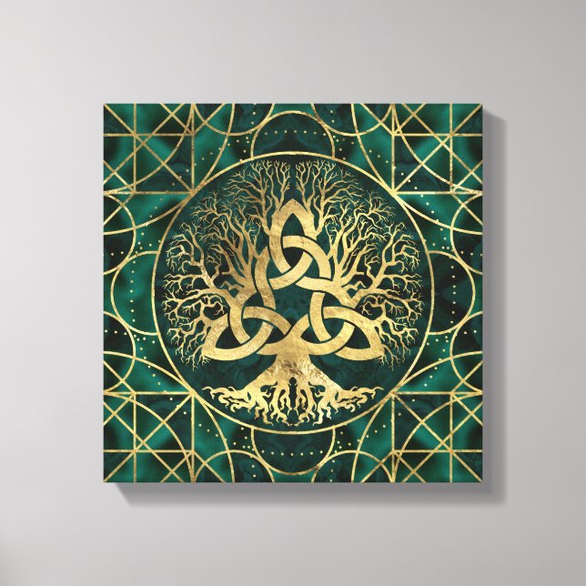 Baum des Lebens mit Triquetra Malachite und Gold Leinwanddruck (Vorderseite)