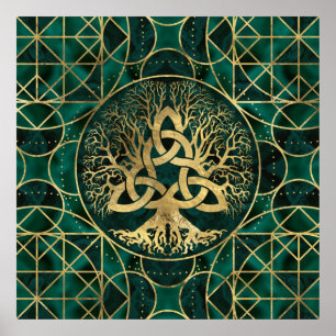 Baum des Lebens mit Triquetra Malachite und Gold Poster
