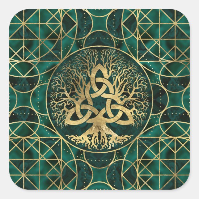 Baum des Lebens mit Triquetra Malachite und Gold Quadratischer Aufkleber (Vorderseite)