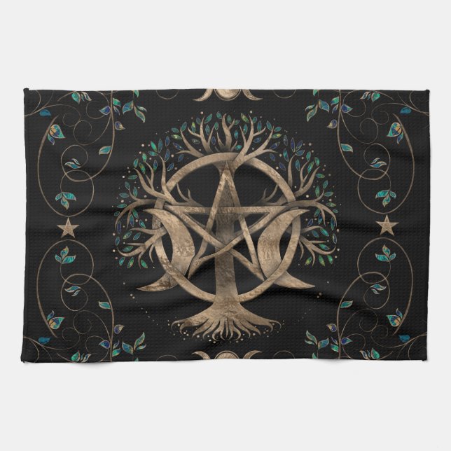 Baum des Lebens Pentagram Mond Ornament Geschirrtuch (Horizontal)