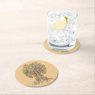 Baum des Lebens - Spiralen Blätter Obst 1 Runder Pappuntersetzer