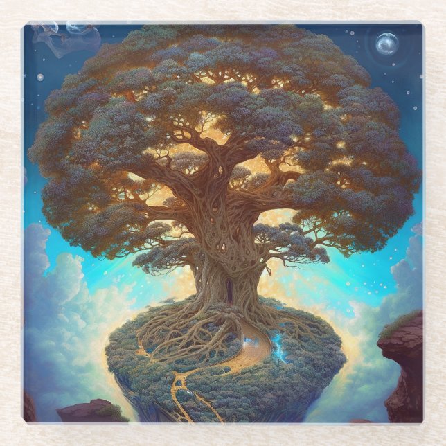 Baum des Lebens surreale Natur Kunst Glasuntersetzer (Vorderseite)