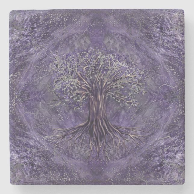 Baum des Lebens - Yggdrasil Amethyst und Silber Steinuntersetzer (Vorderseite)