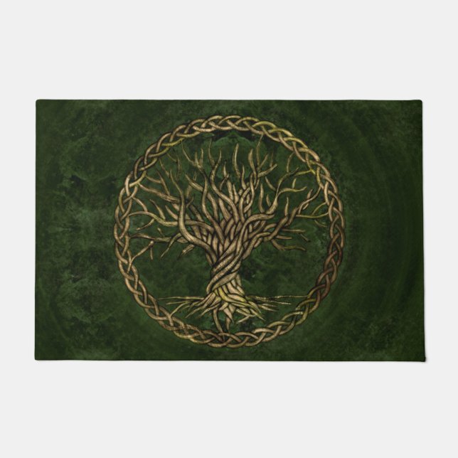 Baum des Lebens - Yggdrasil -grün und Gold Fußmatte (Vorderseite)