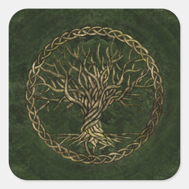 Baum des Lebens - Yggdrasil - grün und gold Quadratischer Aufkleber (Vorderseite)