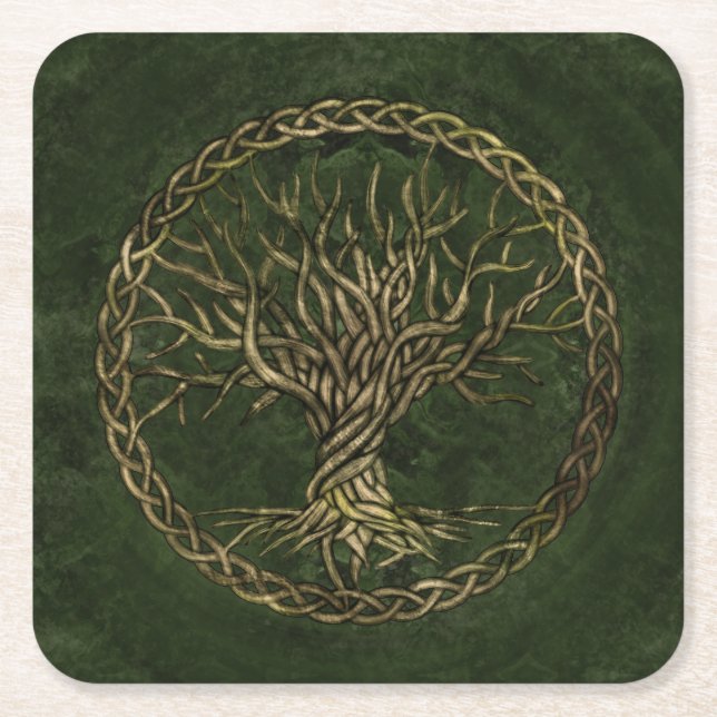 Baum des Lebens - Yggdrasil -grün und Gold Rechteckiger Pappuntersetzer (Vorderseite)