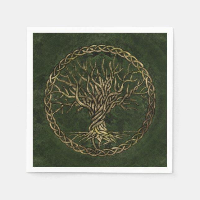 Baum des Lebens - Yggdrasil - grün und gold Serviette (Vorderseite)