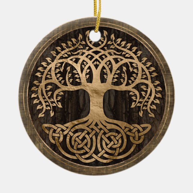 Baum des Lebens - Yggdrasil - Holzbarsch und Gold Keramik Ornament (Vorne)
