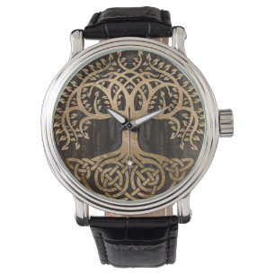 Baum des Lebens - Yggdrasil - Holzbarsche und Gold Armbanduhr