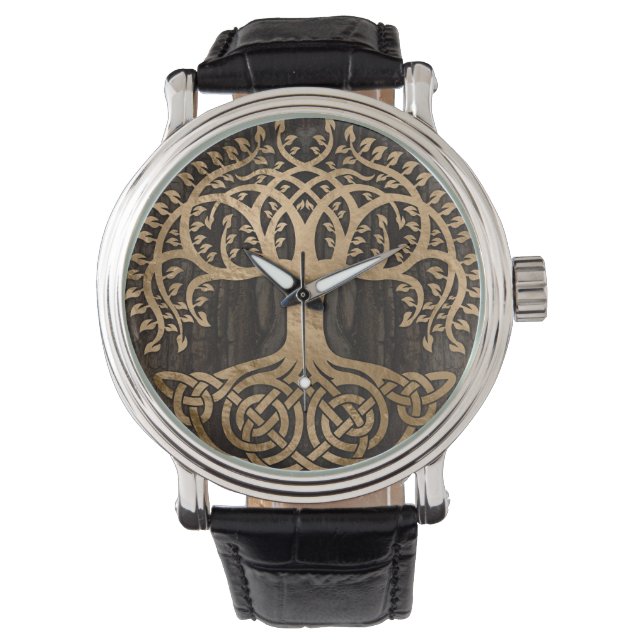 Baum des Lebens - Yggdrasil - Holzbarsche und Gold Armbanduhr (Vorderseite)