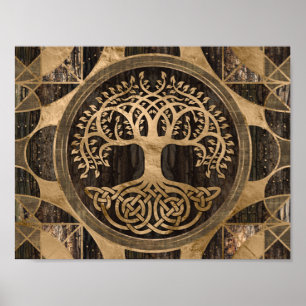 Baum des Lebens - Yggdrasil - Holzbarsche und Gold Poster