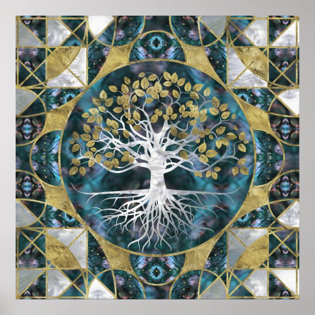 Baum des Lebens - Yggdrasil - Marmor und Gold Poster (Vorne)