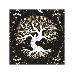 Baum des Lebens - Yggdrasil - Schwarz-weiß und Gol Leinwanddruck