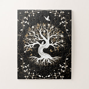Baum des Lebens - Yggdrasil - Schwarz-weiß und Gol Puzzle