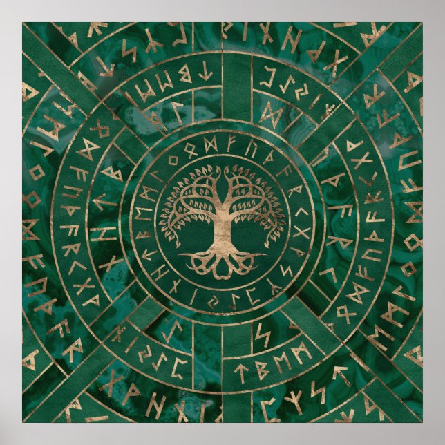 Baum des Lebens - Yggdrasil und Futhark - Malachit Poster (Vorne)