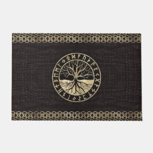 Baum des Lebens - Yggdrasil und Runen auf Holz Fußmatte