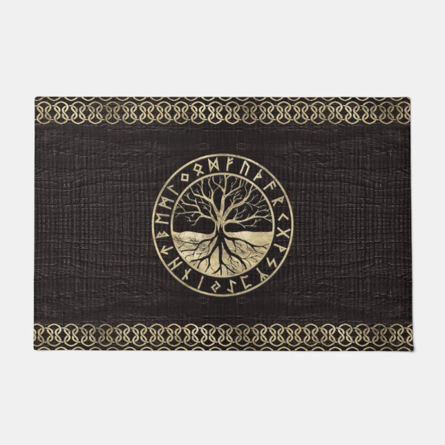 Baum des Lebens - Yggdrasil und Runen auf Holz Fußmatte (Vorderseite)