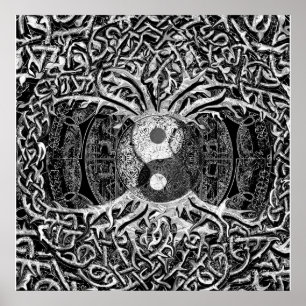 Baum des Lebens Yin Yang in Schwarz und Weiß Poster