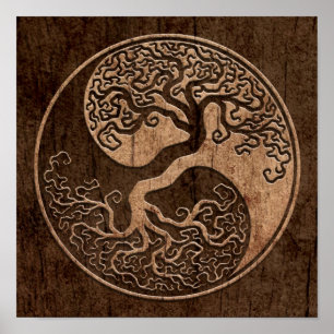 Baum des Lebens Yin Yang mit hölzernem Korn-Effek Poster