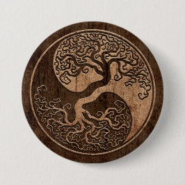 Baum des Lebens Yin Yang mit hölzernem Korn-Effekt Button