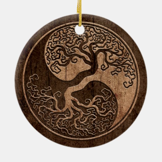 Baum des Lebens Yin Yang mit hölzernem Korn-Effekt Keramik Ornament (Hinten)