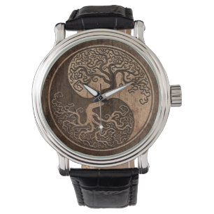 Baum des Lebens Yin Yang mit Holzkörneffekt Armbanduhr
