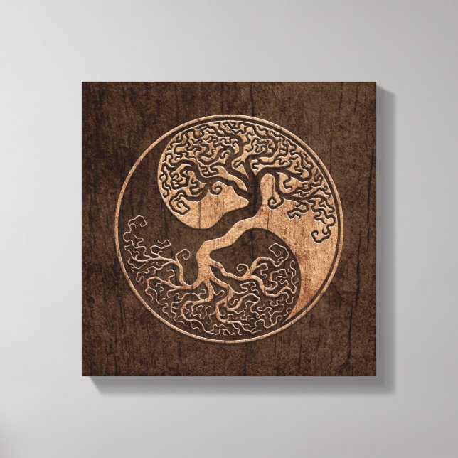 Baum des Lebens Yin Yang mit Holzkörneffekt Leinwanddruck (Vorderseite)
