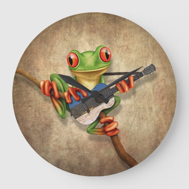 Baum-Frosch, der estnische Flaggen-Gitarre spielt Große Wanduhr (Vorderseite)
