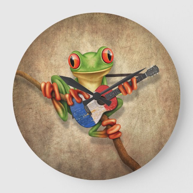 Baum-Frosch, der französische Flaggen-Gitarre Große Wanduhr (Vorderseite)