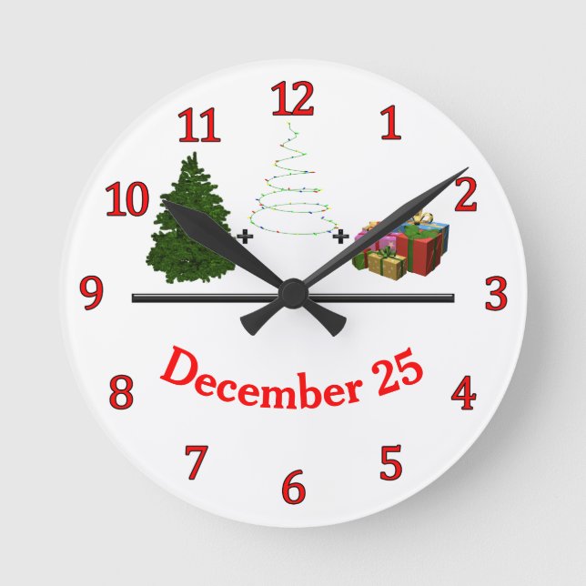 Baum + Licht + Geschenke = 25. Dezember Runde Wanduhr (Vorderseite)