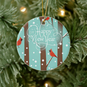Baum mit Orangen Vögeln und schönen Schneeflocken Keramik Ornament