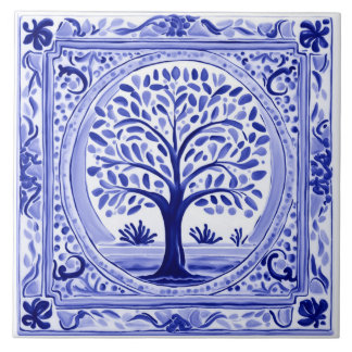 Baum Mittelmeer Rustikale Kunst in Blau und Weiß Fliese