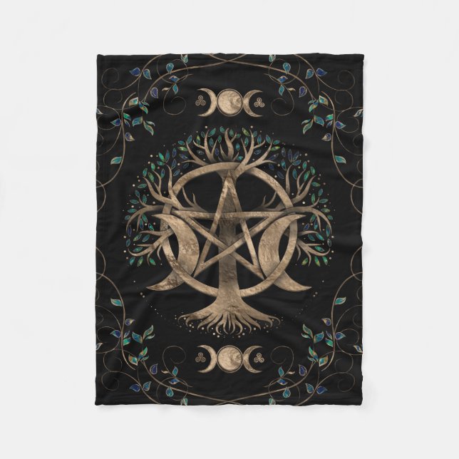 Baum Pentagram Mond Ornament Fleecedecke (Vorderseite)