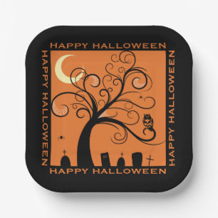 Baum und Friedhof Orange Kunst Frohes Halloween Pappteller