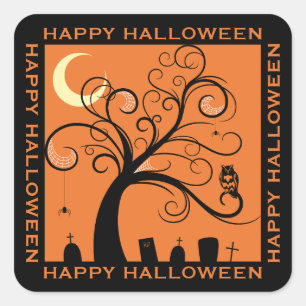 Baum und Friedhof Orange Kunst Frohes Halloween Quadratischer Aufkleber
