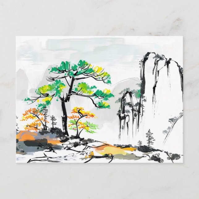 Baum und Landschaft mit Bergdorf Postkarte (Vorderseite)