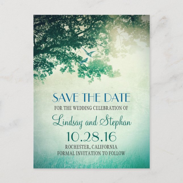Baum und liebende Vögel rustikal Save the Date Vin Ankündigungspostkarte (Vorderseite)