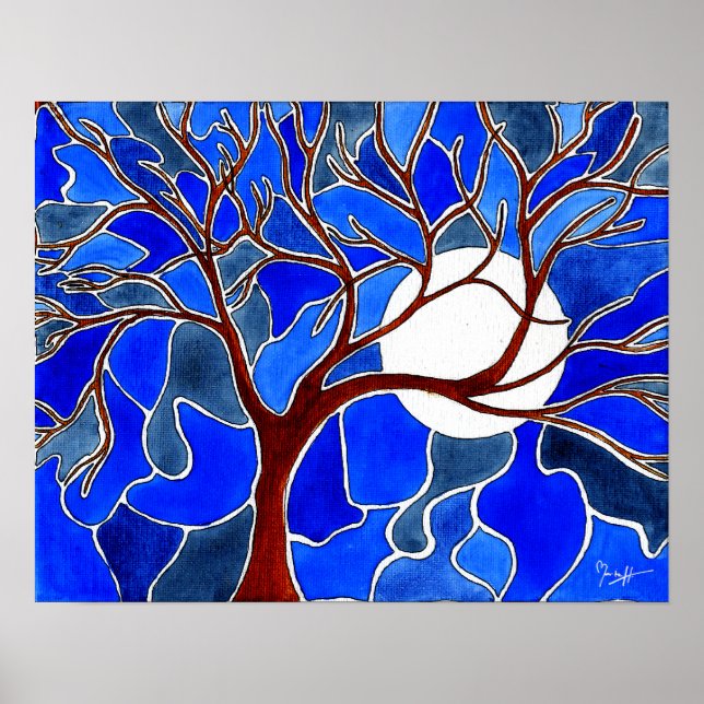Baum und Mond auf der Leinwand - Blau Poster (Vorne)