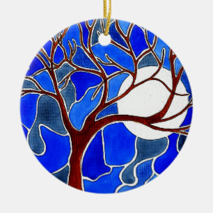 Baum und Mond auf Leinwand - Blau Keramikornament