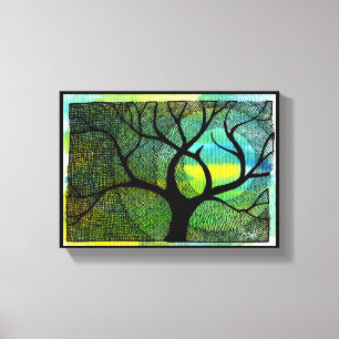 Baum-und Mond-- blaue und gelbe Aquarelle Leinwanddruck