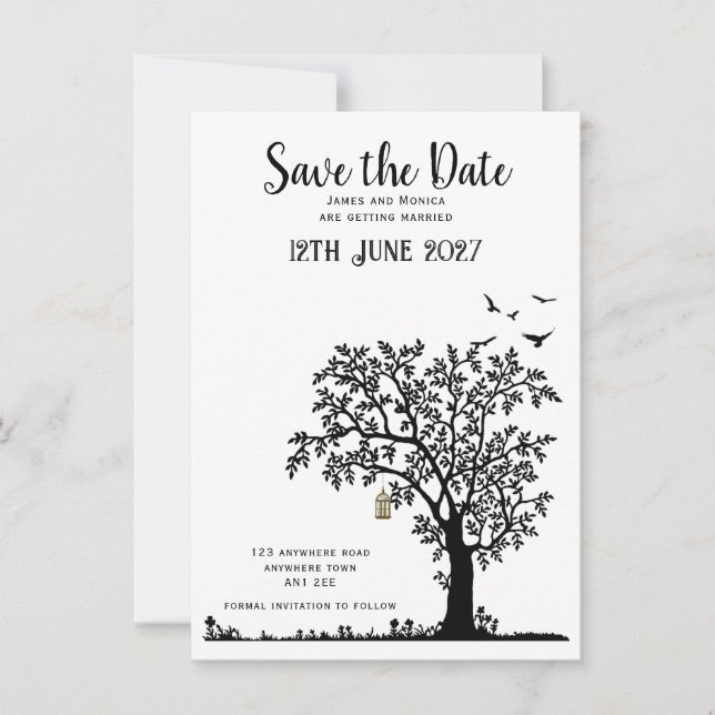 Baum/Vogel Einfach Schwarz und Weiß Save the Date Einladung (Vorderseite)