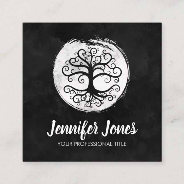 Baum von Lebenweiß auf schwarzem Aquarell Quadratische Visitenkarte (Vorderseite)