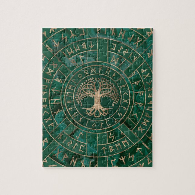 Baum - Yggdrasil und Futhark - Malachit Puzzle (Vertikal)