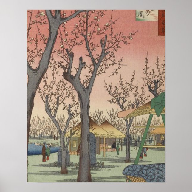 Baumblüten Pflaumengarten Japanischer Holzblock Poster (Vorne)