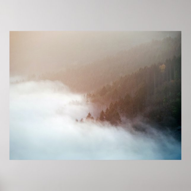 Bäume auf Bergen, bedeckt mit Nebeln Poster (Vorne)