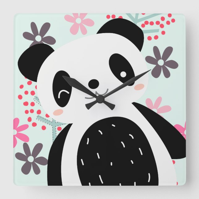Bäume, Blume und Panda-Bären Quadratische Wanduhr (Vorderseite)