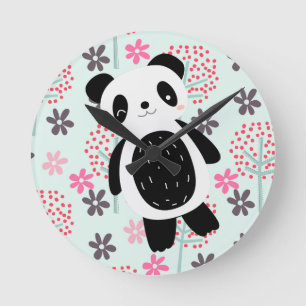 Bäume, Blume und Panda-Bären Runde Wanduhr